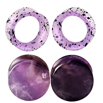 4PCS Purple Stone & Silicone Double Flared Ear Gauges Plugs Tunnels 2g-5/8  Set • $9.49