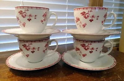 Set Of Four Laura Ashley Sophia Red & White Floral Coffee/Tea Cups And Saucers • $19.99