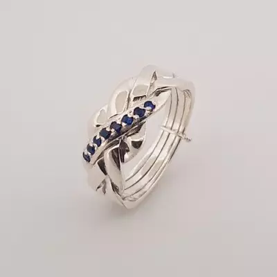 4 Band Blue Sapphire Zircon Puzzle Ring 925 Sterling Silver Hanmade Puzzle Ring • $41.99