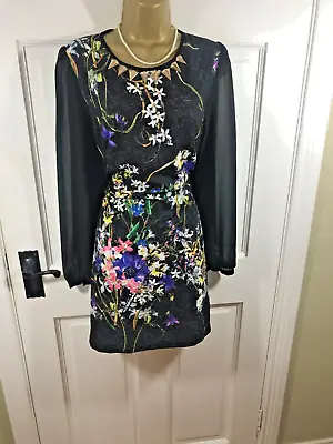 Libra Black & Multicoloured Floral Lined Dress UK 14 Excellent Condition • £24.99