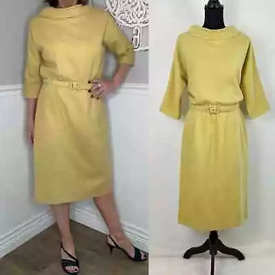 Vintage 60s 70s Dress Round Collar Wool Belted Waist Midi Jackie O Mustard Gold • £67.56