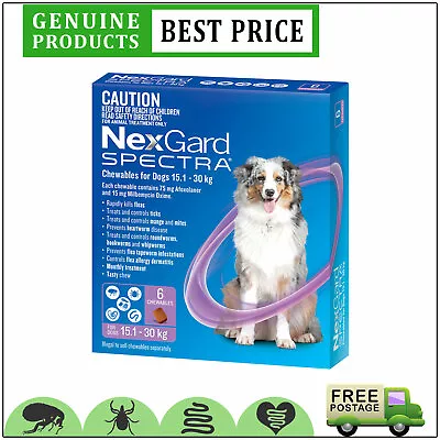 NEXGARD SPECTRA Flea Tick Heartworm Control 6 Doses For Dog 15.1 To 30 Kg PURPLE • $104.92