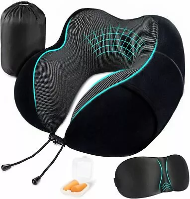 Memory Foam Travel Flight Pillow Set Neck Head Support W/ Carry Bag Mask Earplug • £8.99