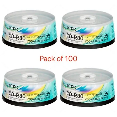 100 X TDK CD-R80 52X 700MB Recordable Discs On Spindle • £19.99