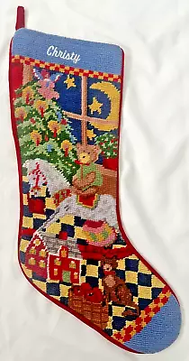 Vintage Cross Stitched Embroidered Christmas Stocking Christy Teddy Bear Tree 🍒 • $18.79