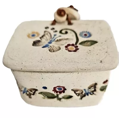 Handmade Ceramic Pottery Trinket Box Painted Impressed Butterflies Flowers • $10.99