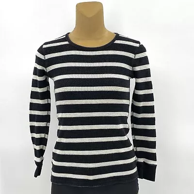 J Crew Medium Fitted Waffle Knit Sweater Black White Striped Textured Pullover • $12.88