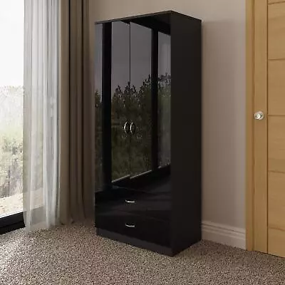 Black Gloss Wardrobe Combination 2 Door 2 Drawer Matt Black Frame • £179.99