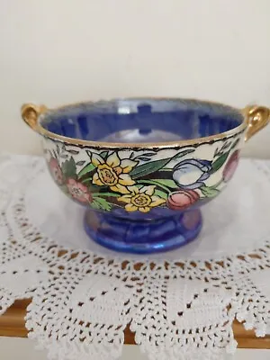  Blue Lustre Bowl Spring Flowers.  By Maling. Two Handles. Gilding • £21.50