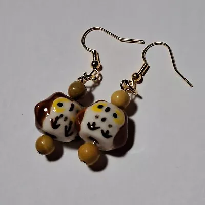 Ceramic Owl Bead Earrings Mookaite Gold Tone Autumn Fall Halloween Nature Bird • $12