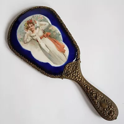 Cobalt Blue Porcelain Hand Mirror Victorian Lady Brass Beveled 9.5  Long Vintage • $72.25