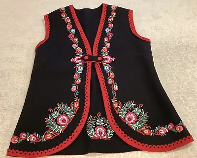 Vintage Hungarian Felt Vest Matyo Embroidered Folk Costume Long Button Closure • $39.99