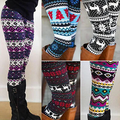 US Winter Knit Women Warm Snowflake Reindeer Leggings Xmas Fleece Stretch Pants • $10.99