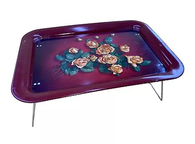 Vintage Metal Serving Tray Red Maroon W/Yellow Roses 17.5  X 12.75  X 1  TV Tray • $29.99