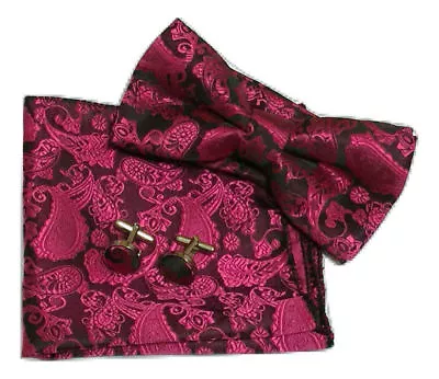 Adult Paisley Pre-tied  Bow Tie +cuff Links +handkerchief Set Wedding Event Prom • £7.99