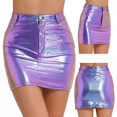 Womens Shiny Metallic Bodycon Skirt High Waist Holographic Miniskirt Clubwear • $14.99