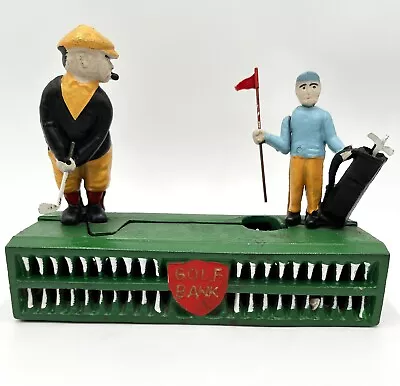Cast Iron Mechanical Moving Coin Piggy Bank Golfers Hole In One  Golf *WORKS* • $34.99