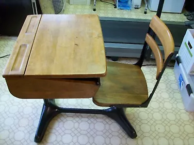 Vintage Child's Desk With Adjustable Swivel Seat Flip Top Solid Wood & Metal • $120