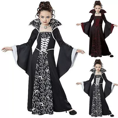 Kids Girls Royal Vampire Cosplay Costume Halloween Queen Witch Fancy Dress Prop。 • £19.59