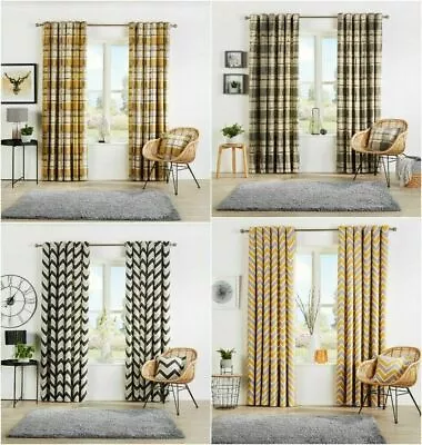 Curtain Pairs Chevron And Check Pattern Fully Lined Ready Made Eyelet Top Window • £30.99