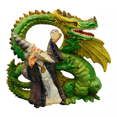 Ceramic Dragon & Wizard Painted Figurine Has Chip On The Back Fin Green & Purple • $15