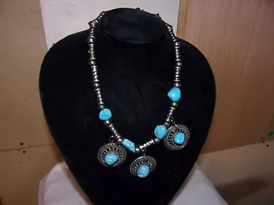 Fancy Elaborate Mexico Mexican Jewelry Silver Tone Turquoise Necklace Vintage • $39.99