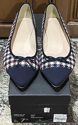 JCrew Gemma Pointed Cap Toe Flats Tweed Sz 7.5 Ivory Burgundy Navy Houndstooth • $34.99