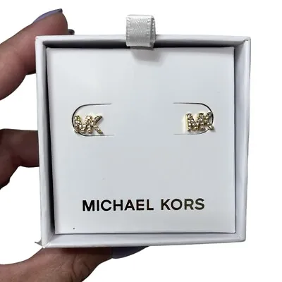 NEW Michael Kors Gold Tone Crystals Glitz MK Logo Stud Earrings • $49.99