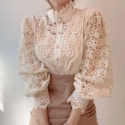 Women's Blouse Vintage Victorian Lace Black White Beige S M L Small Medium Large • $60