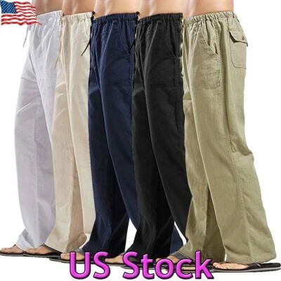 $21.69 • Buy Men's Summer Beach Loose Cotton Linen Pants Yoga Drawstring Elasticated Trousers