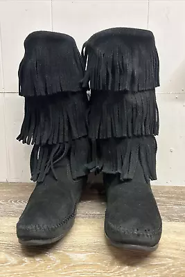 Minnetonka Moccasin Suede Mid-Calf 3 Layer Fringe Black Boots Women's Size 9 • £28.90