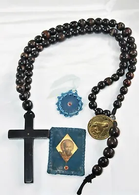 Rare Antique 1900s Priest Habit Dark Wood Bead Rosary W Gold Medal & Relics • $395