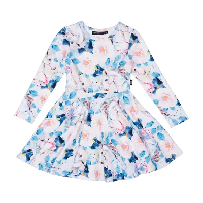 Rock Your Baby Floral Unicorn LS Waisted Dress In Blue • $56