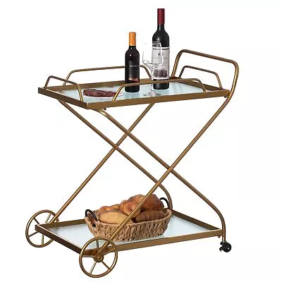 Gold Metal Wine Bar Serving Cart With Rolling Wheels And Handles For Dining ... • $207.79