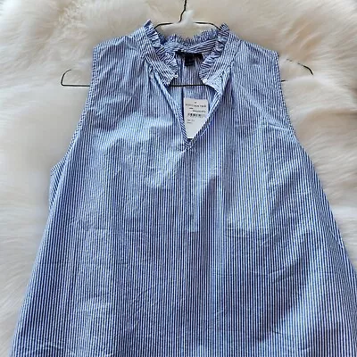 J Crew Ruffle Top Sleeveless Blue White Striped Poplin Shirt Size L • $19.99