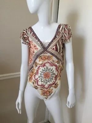 Max Edition NEW! 100% Silk Rust/Pink Print Lace Beaded Tied Back Blouse S NWOT!  • $20.99