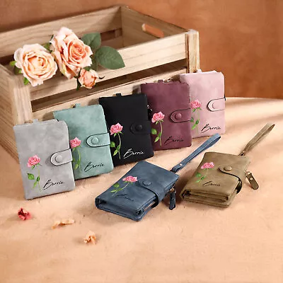 Elegant Portable Womens Leather Wallet Personalised Name Birth Flower Hand Purse • £19.19