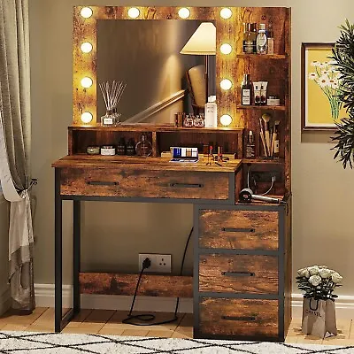 Vintage Vanity Table W/Lighted Mirror&Charging Station Makeup Table W/LED Light • $209.97