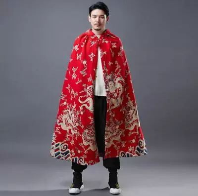 Men's New Fashion Chinese Style Hood Loose Printed Long Cape Cotton Cloak Coats • $63.54