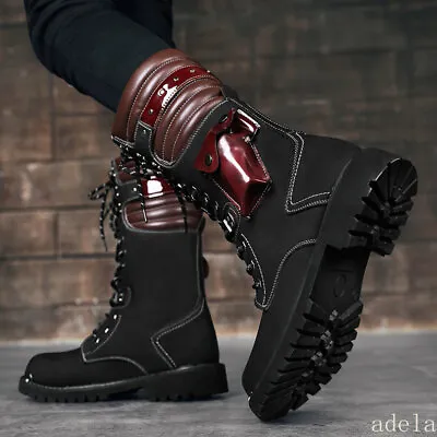 Punk Mens High Top Shoes Motorcycle Bikers Knee High Boots Lace Up Work Casual   • $89.67