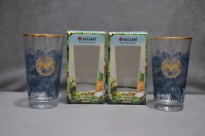 2x Bacardi Taste The Tropics Highball Glass Gold Bat Logo & Rim In Gift Box New • $32.62