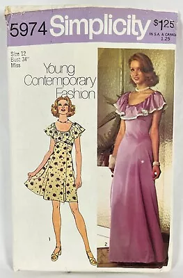 Vtg Simplicity Sewing Pattern 5974 70s Mini Or Maxi Peasant Dress Sz 12 Complete • $8