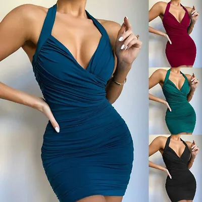 $12.95 • Buy Sexy Women Deep V Neck Mini Dress Backless Bodycon Halterneck Party Club Dress `