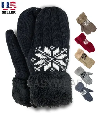 $10.99 • Buy Womens Cable Knit Mittens Fully Fleece Brush Lined Winter Thermal Snow Gloves