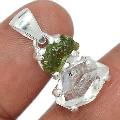 Natural Herkimer Diamond - USA & Moldavite 925 Silver Pendant APS13 CP24003 • $25.99