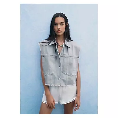 New Zara Light  Grey Denim Oversized Sleeveless Jacket Raw Hem Size Small • $24