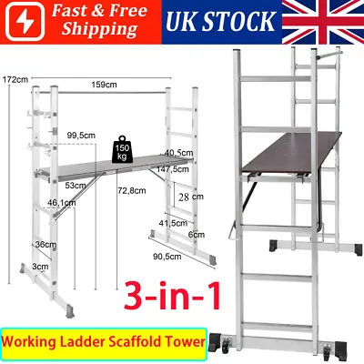 Aluminium 3 IN 1 Multi-Function Safety Scaffold Tower Working Ladder W/Platform • £118.97