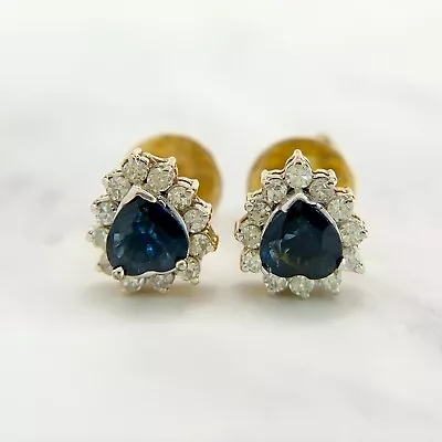 Vintage 14K Yellow Gold Natural Heart Shaped Sapphire And Diamond Stud Earrings • $395