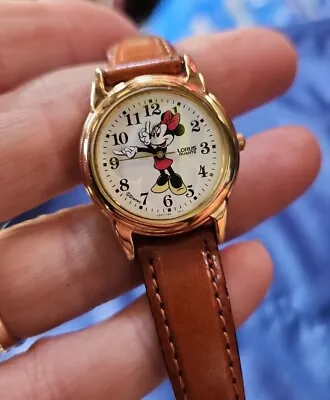 Lorus Minnie Mouse Watch Gold Tone V501-6N70 Brown Leather Band 7  New Battery • $10