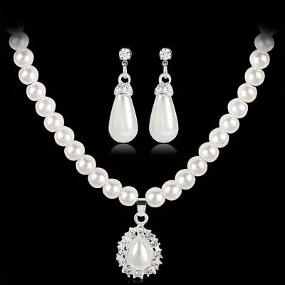 £4.99 • Buy Silver Crystal And Pearl Sparkling Rhinestone Wedding Prom Necklace Earring Set